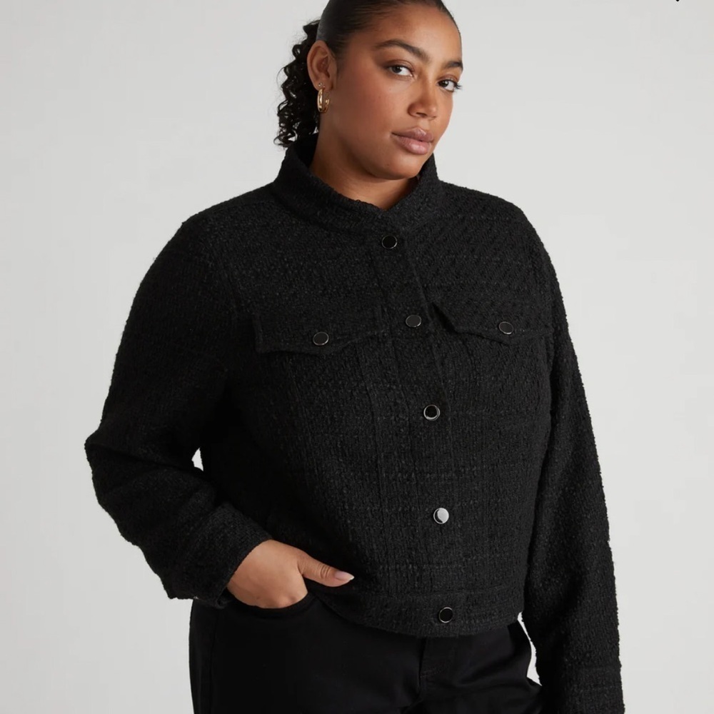 NEW! House of Harlow 1960 Tweed Jacket/Raw Hem/ Snap Front/Front Pockets/Black - Picture 4 of 15
